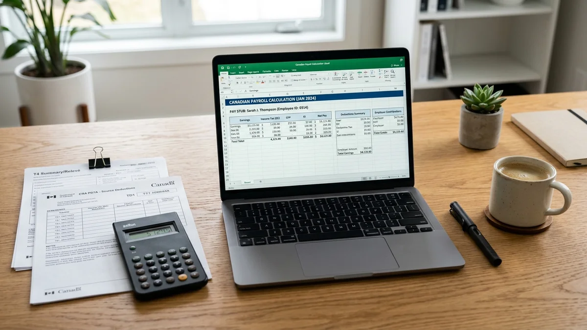 Canadian payroll management workflow showing source deductions, CRA remittance schedules, and salary calculations