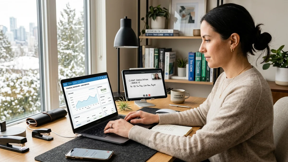 Modern workspace comparing cloud accounting software dashboards with remote bookkeeping advisory services