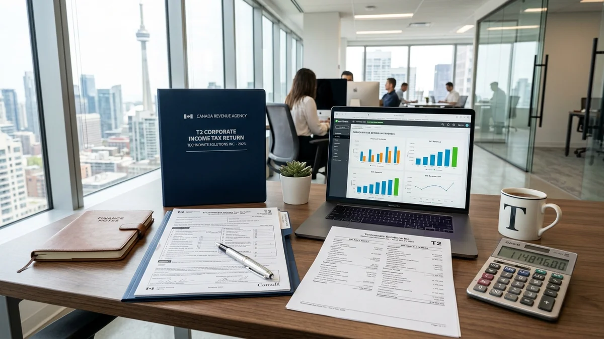 Corporate tax filing folder with Canadian T2 return forms, financial statements, and CRA corporate compliance documents