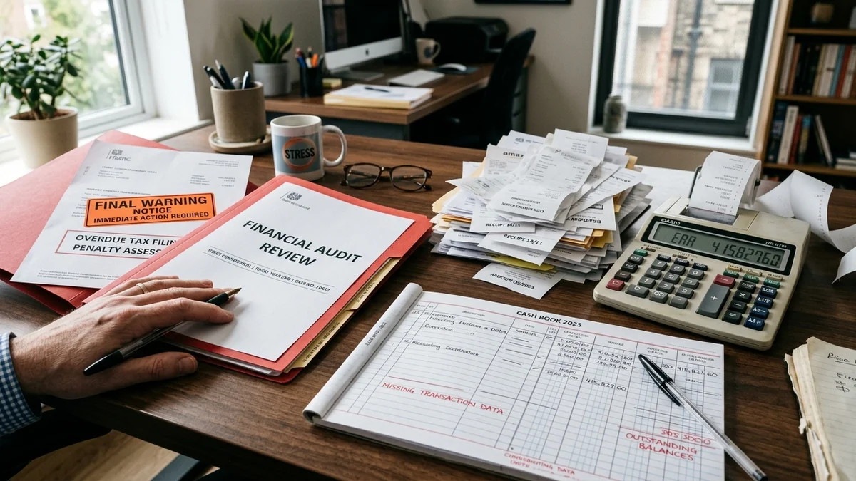 Financial audit review folder, overdue tax penalty notice, and disorganized receipts demonstrating the risks of improper bookkeeping - Snipay